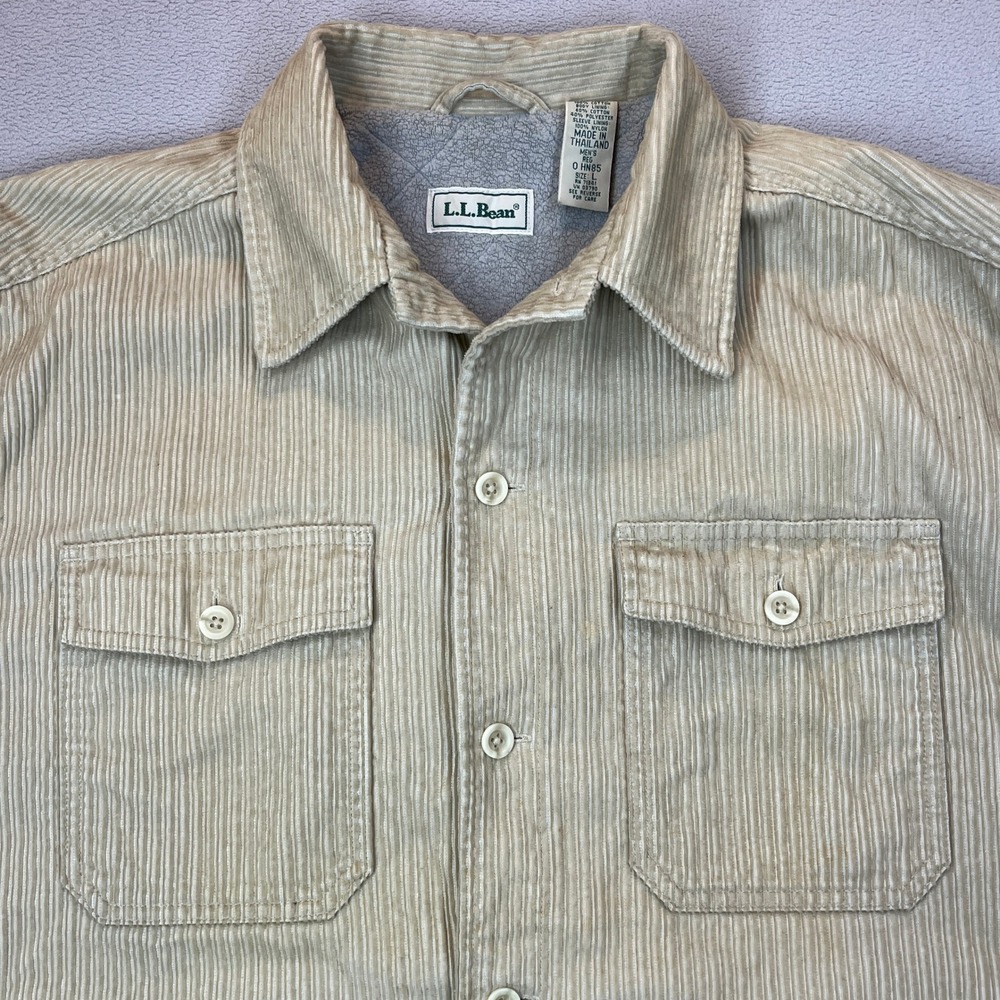LL Bean Mens Tan Corduroy Fleece Lined Shirt Jacket Large OHN85 Beige Workwear